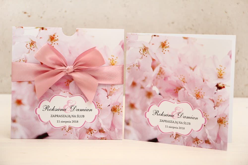Romantic Cherry Blossom Wedding Invitations in a Sleeve with Ribbon – Felicja No. 13 - 3