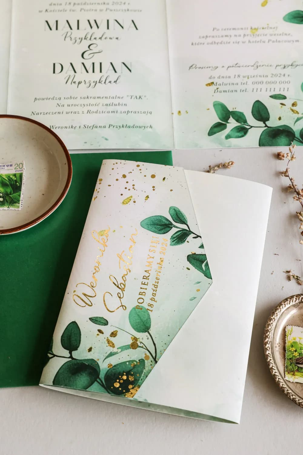 Greenery Style Wedding Invitation with Eucalyptus and Gold – Jadeit No. 1 - 2