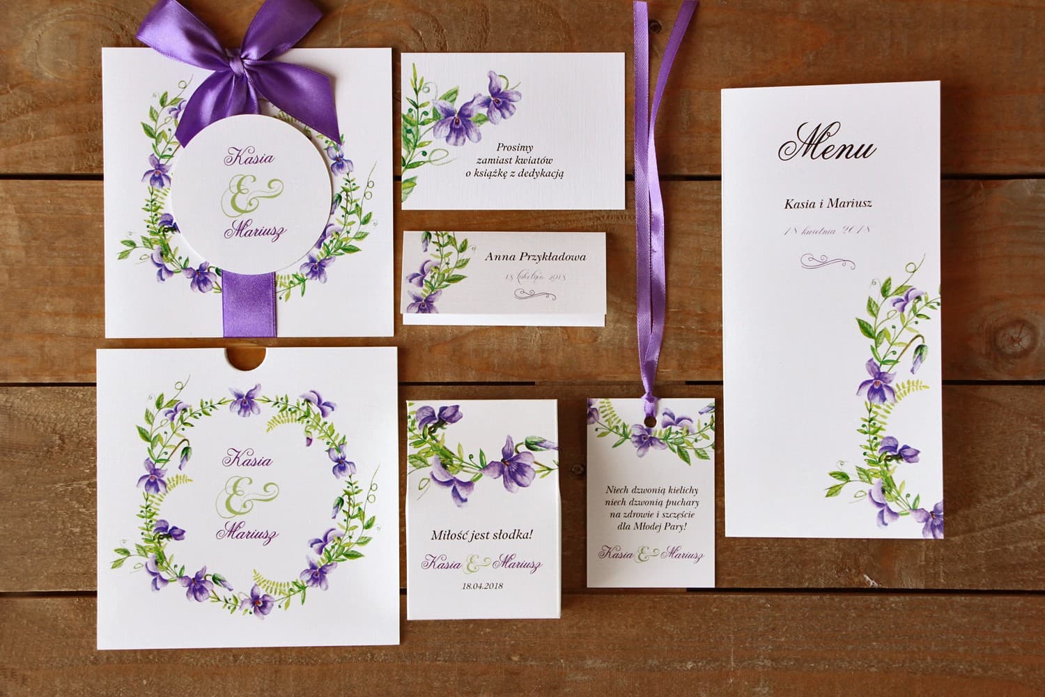 Pocket Wedding Invitations Adorned with Purple Pansies – Painted Flowers No. 11