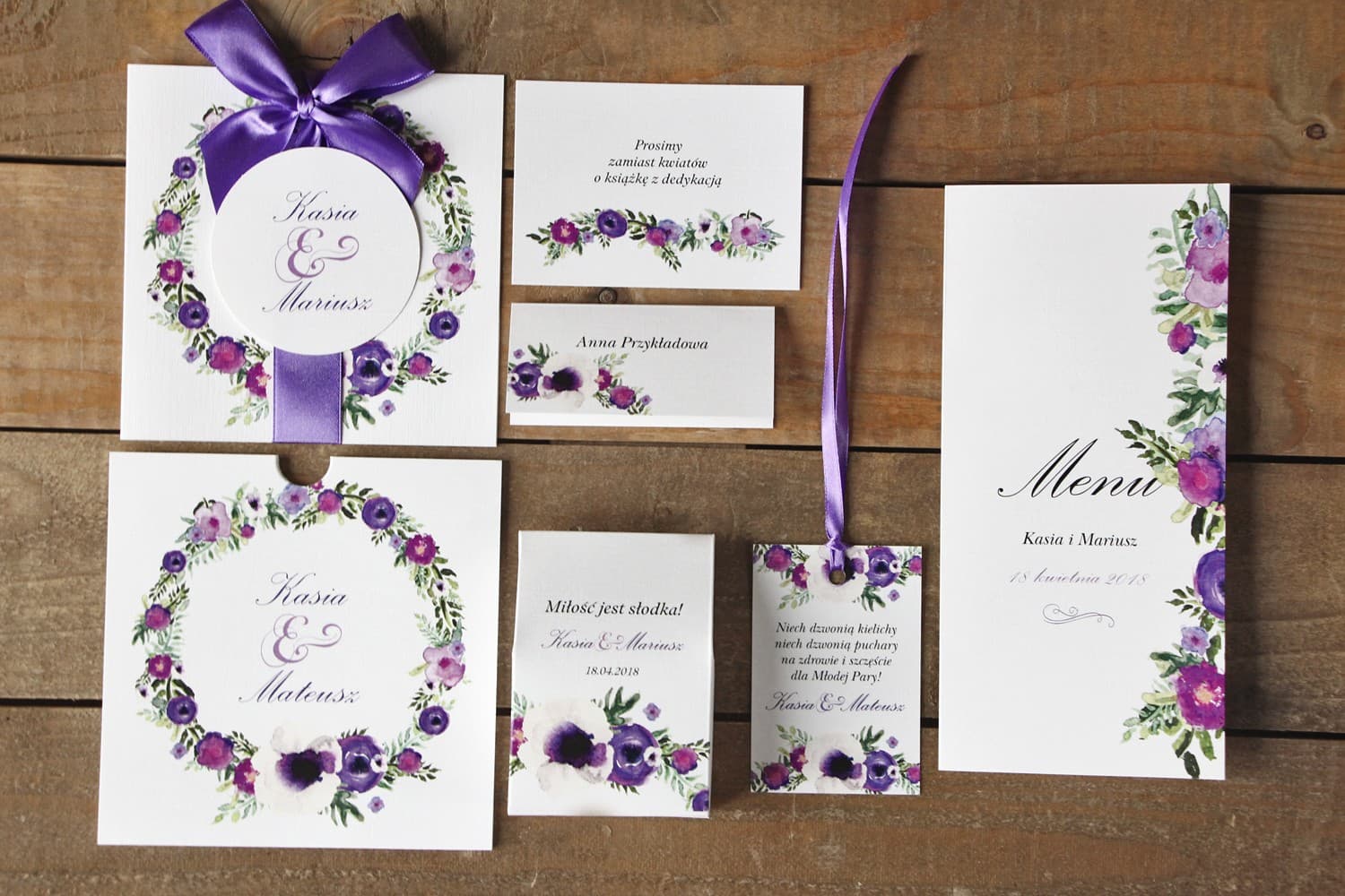 Wedding Invitations in a Sleeve with Purple Flowers and Dark Greenery – Painted Flowers No. 14