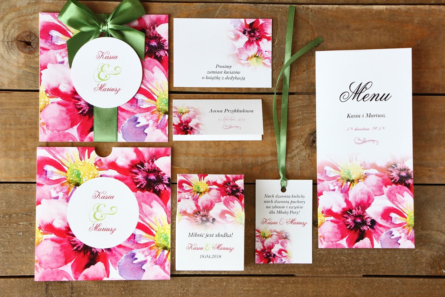 Pink Floral Wedding Invitation in Pocketfold with Satin Bow - Painted Flowers No. 7