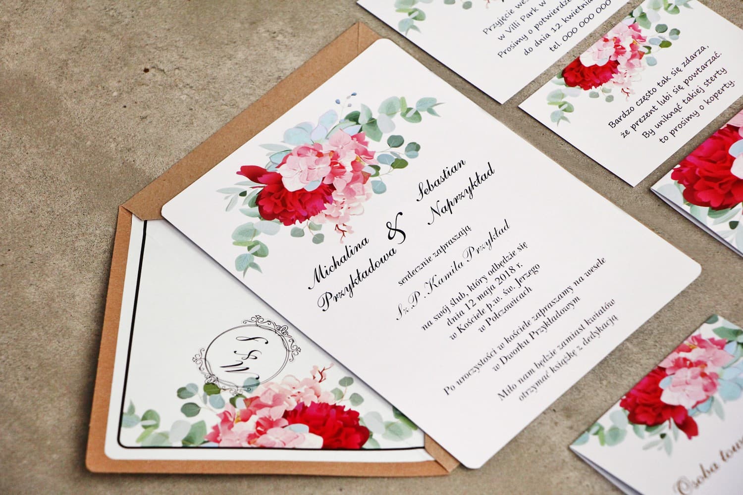 Amaranth Peony and Hydrangea Wedding Invitations with Gold Foil – Sorento No. 14 - 3