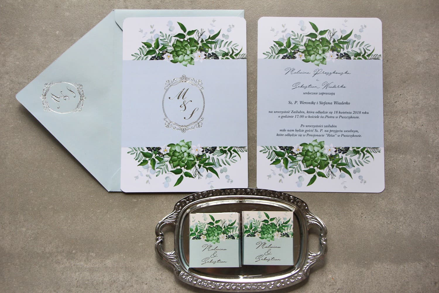 Blue Wedding Invitations with Eucalyptus and Delicate Silver Foiling – Sorento No. 17 - 2
