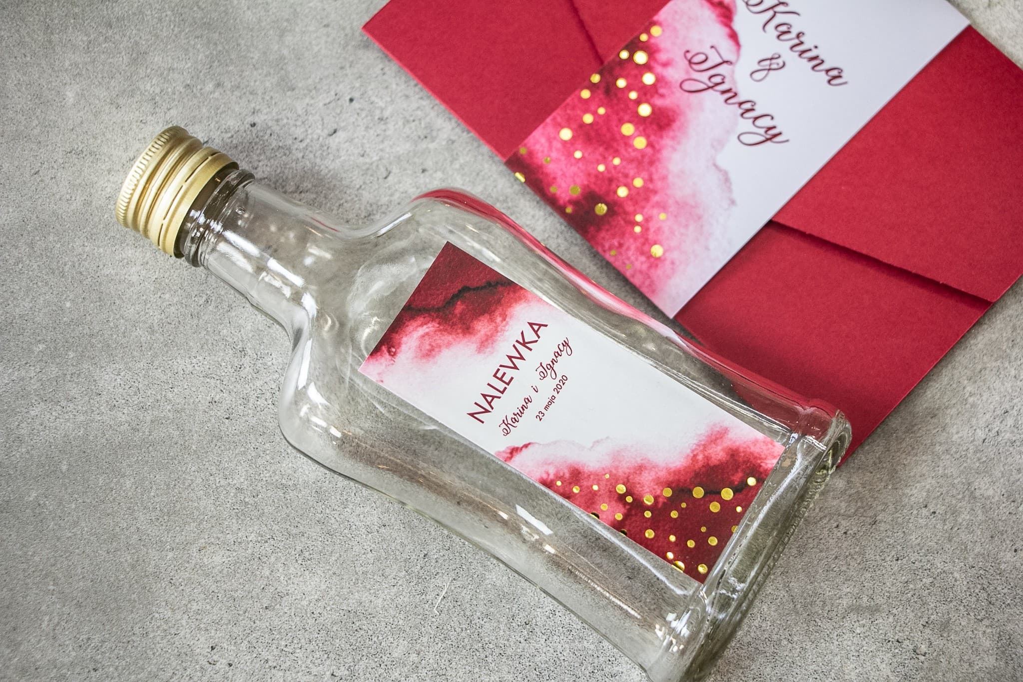 Wedding Liqueur Bottles Favours | Burgundy Gold-Foiled Label | Bakarto No. 2