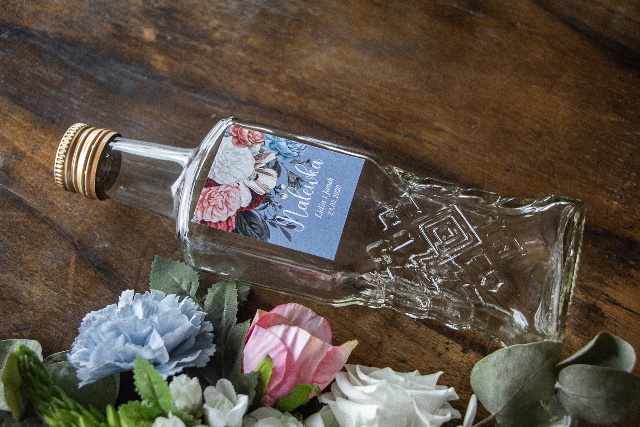 Vintage Wedding Liqueur Bottles with Labels | Dusty Blue Peonies | Ethereal No. 4