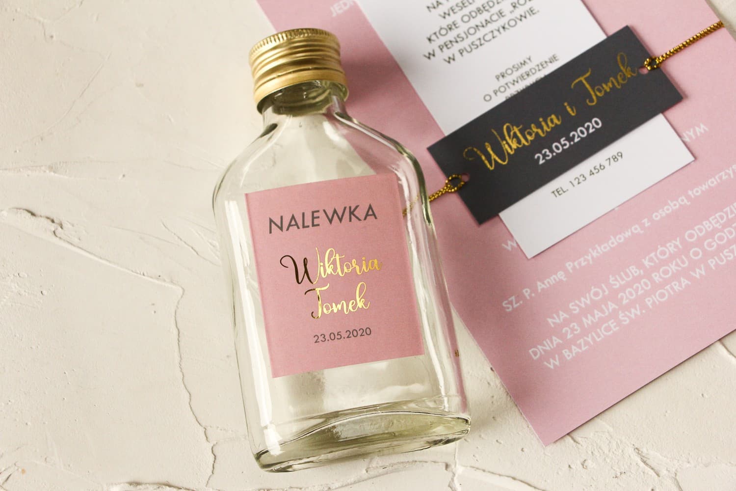Powder Pink Liqueur Bottles with Gold Foil Label | Glamour Wedding Favours | Emerald No. 2 - 3