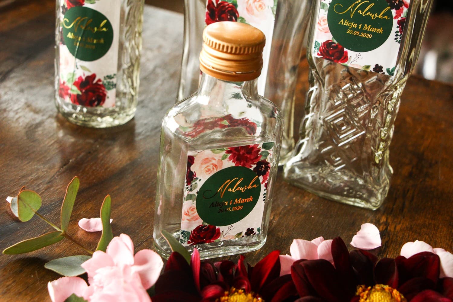 Gold Foiled Wedding Liqueur Bottles Burgundy Flowers | Glamour Wedding Favours | Soreli No. 2 - 3