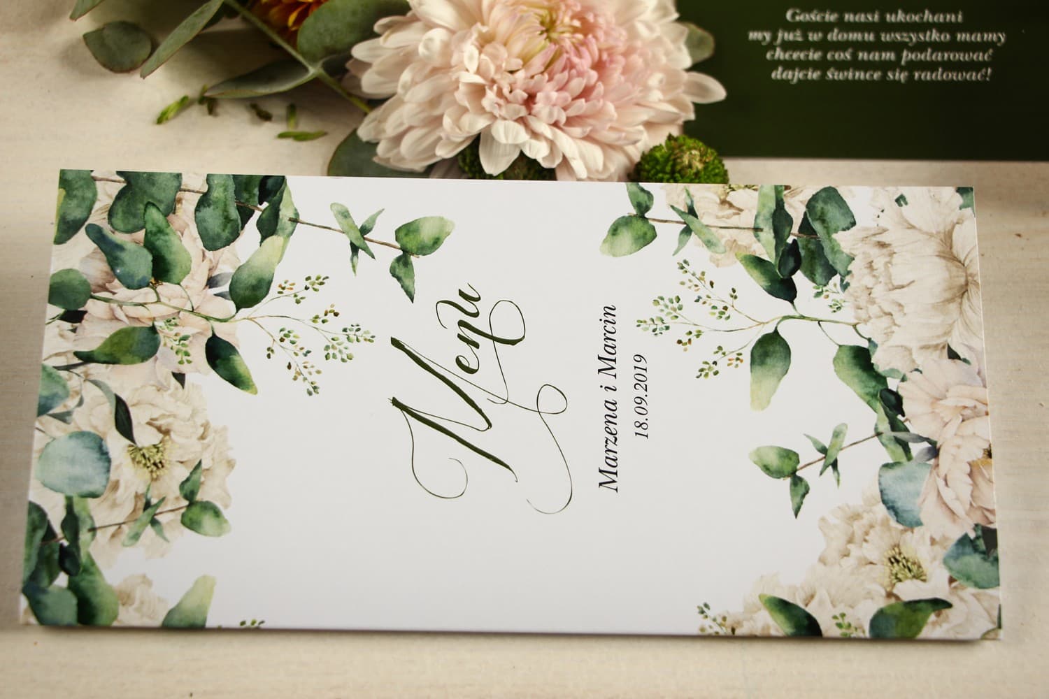 Elegant Wedding Menu with White Peonies and Eucalyptus | Folded Table Menu | Aurum No. 3