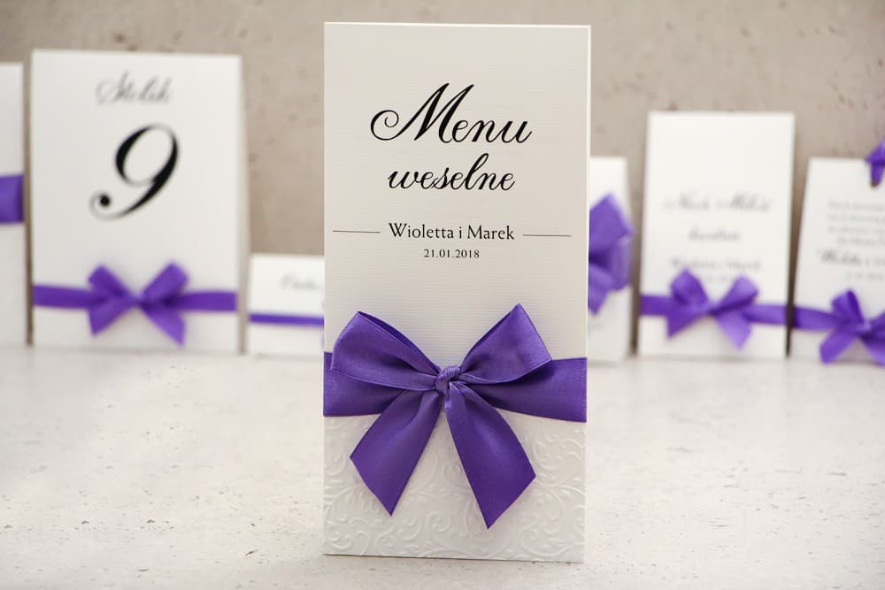 Elegant Wedding Menu with Heather Bow on Textured Paper | Folded Menu Cards | Belisa No. 4