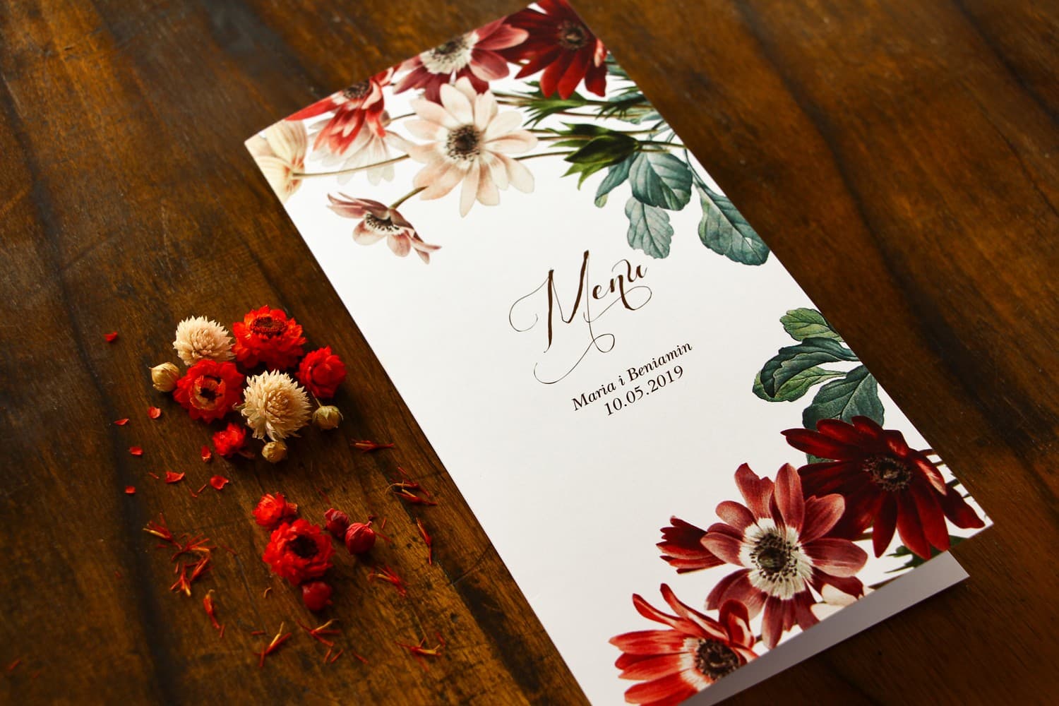 Elegant Folded Wedding Menu with Burgundy Flowers | Wedding Breakfast Menu Card | Indygo No. 3
