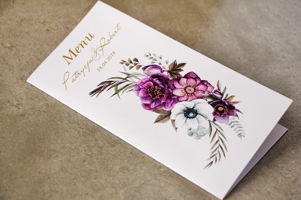 Gold Foil Wedding Menu Purple Flowers, Table Menu Card | Elegant Personalized Wedding Menu | Cykade No. 1