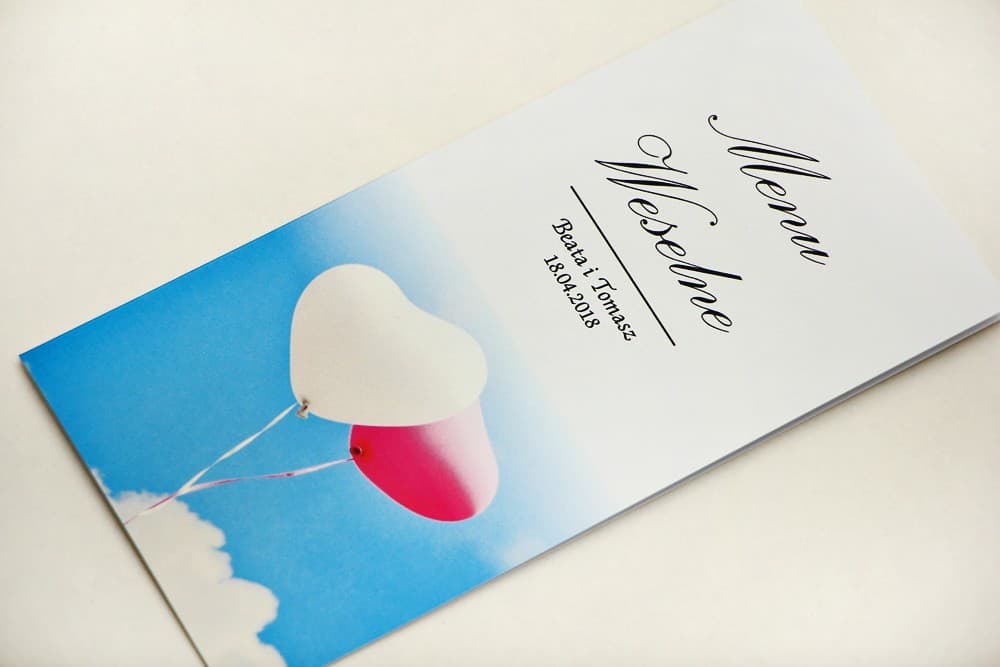 Standing Wedding Menu with Balloons in the Sky Motif | Personalized Table Menu Cards | Elegant No. 18