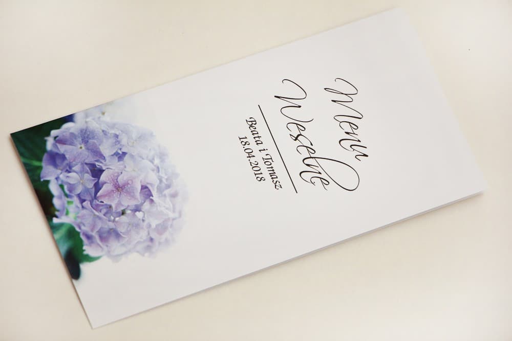 Wedding Menu with Pastel Blue and Purple Hydrangea | Elegant Wedding Breakfast Menu Cards | Elegant No. 2