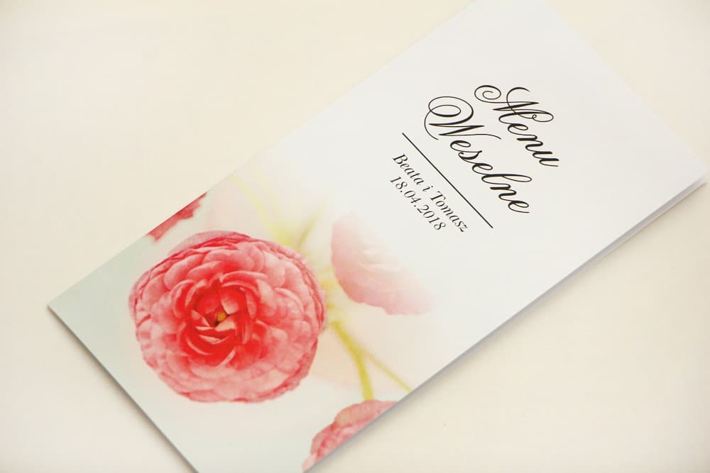 Floral Wedding Menu Pink Buttercups on Blue | Personalized Table Menu Cards | Elegant No. 27