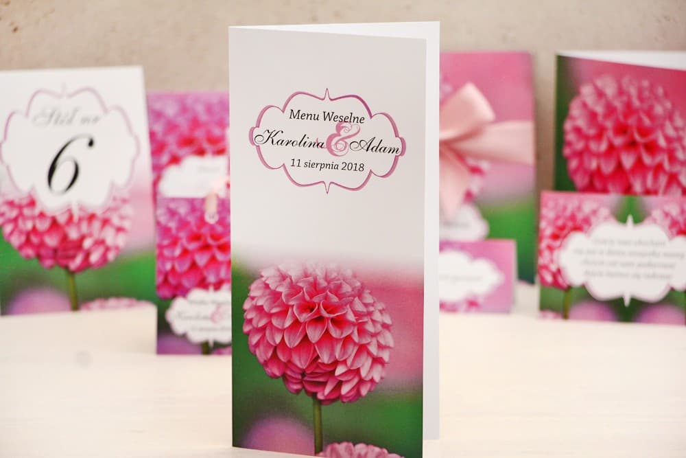 Standing Wedding Menu with Pink Dahlia, Wedding Table Menu Card | Personalized Floral Wedding Stationery | Felicja No. 9