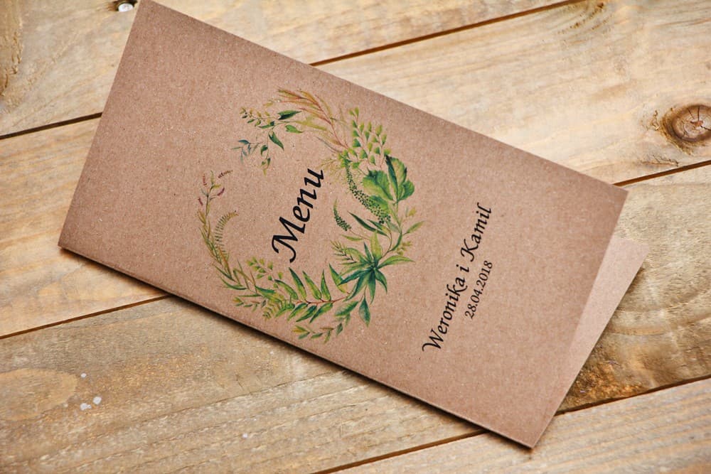 Woodland Wedding Menu with Green Grass Motif | Personalized Wedding Table Menu Cards | Forest Fruits Design 2