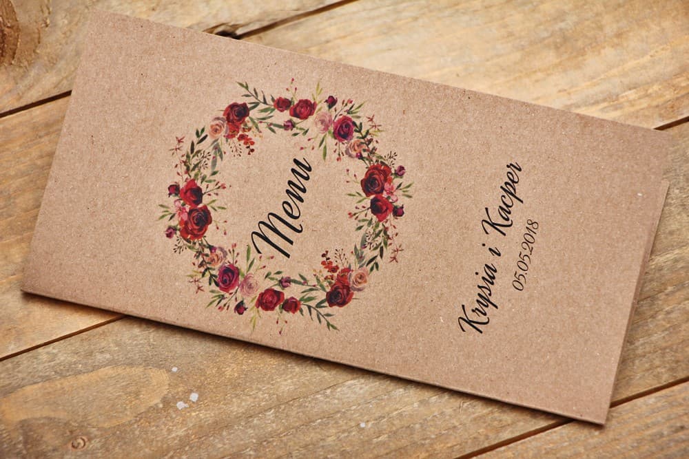 Elegant Folded Wedding Menu with Burgundy Roses, Menu Card | Wedding Menu, Wedding Stationery | Forest Fruits No. 3