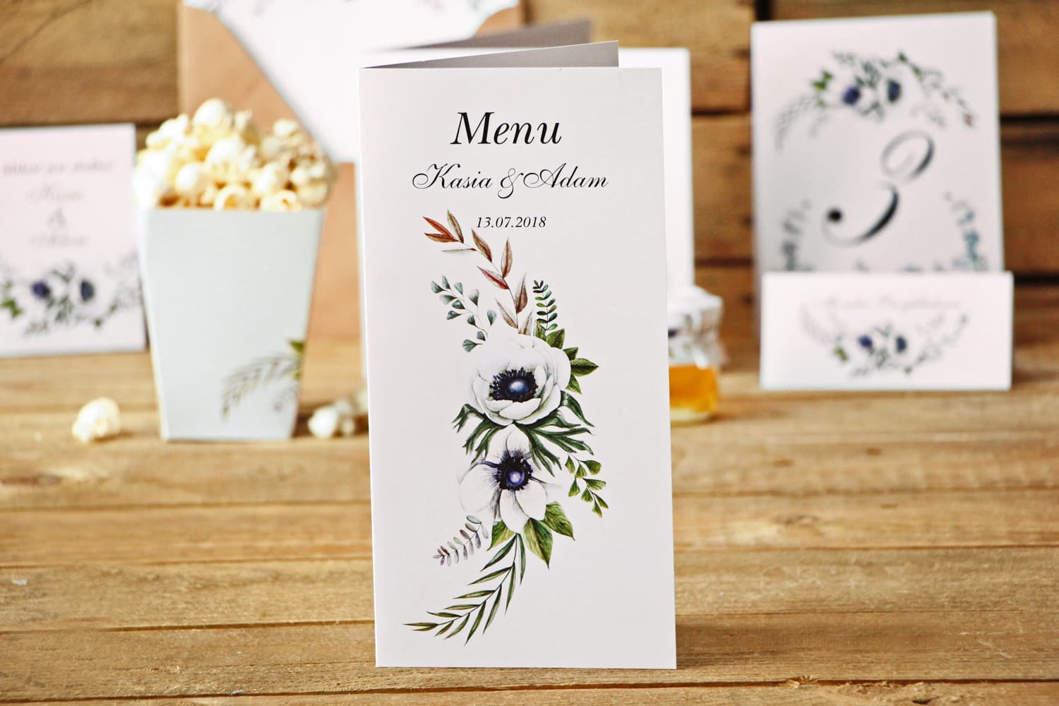 Folded Wedding Menu with Blue Anemones | Floral Wedding Table Menu | Kalia No. 3