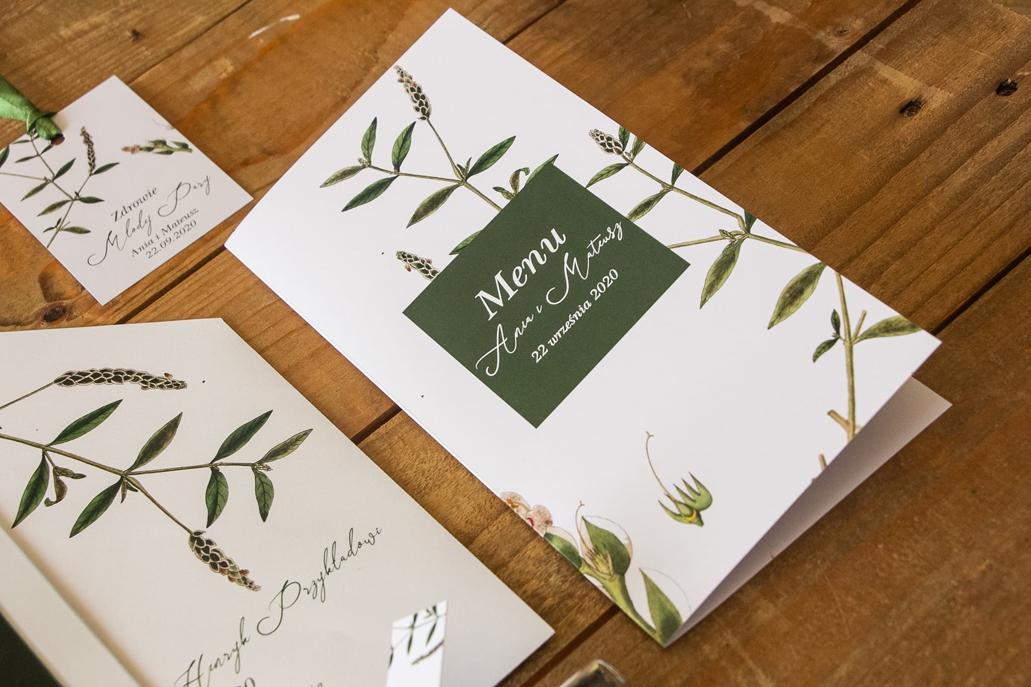 Bottle Green Wedding Menu with Twig | Elegant Wedding Breakfast Menu Card | Korani No. 9