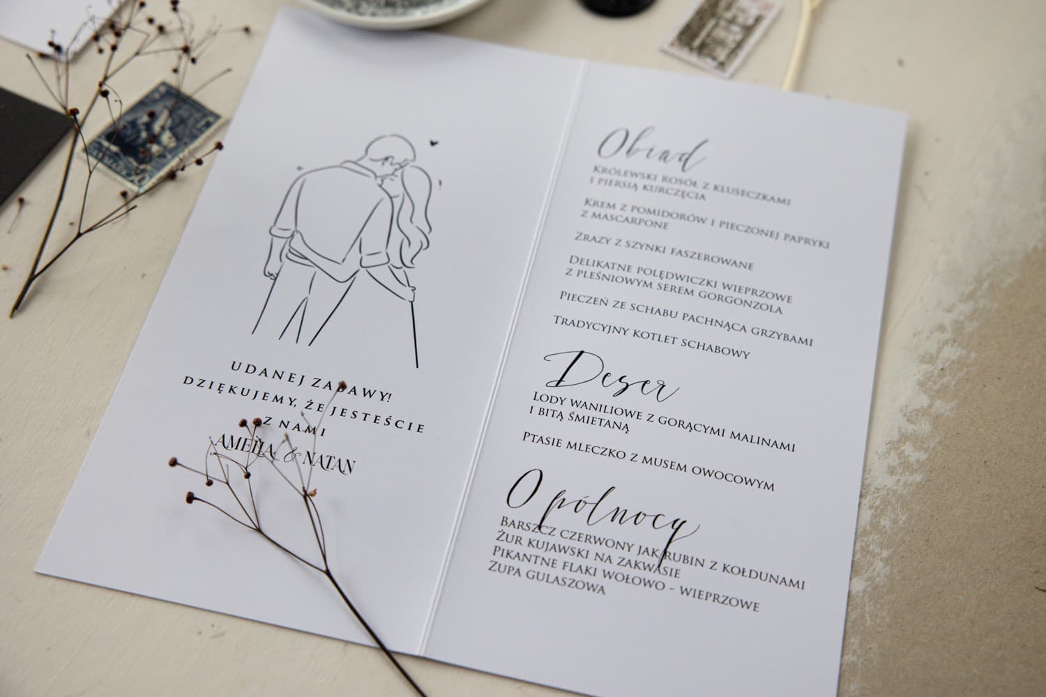 Elegant Wedding Menu with Bride & Groom Illustration, Heavyweight Paper | Wedding Table Menu Card | Magnolia No. 1 - 2