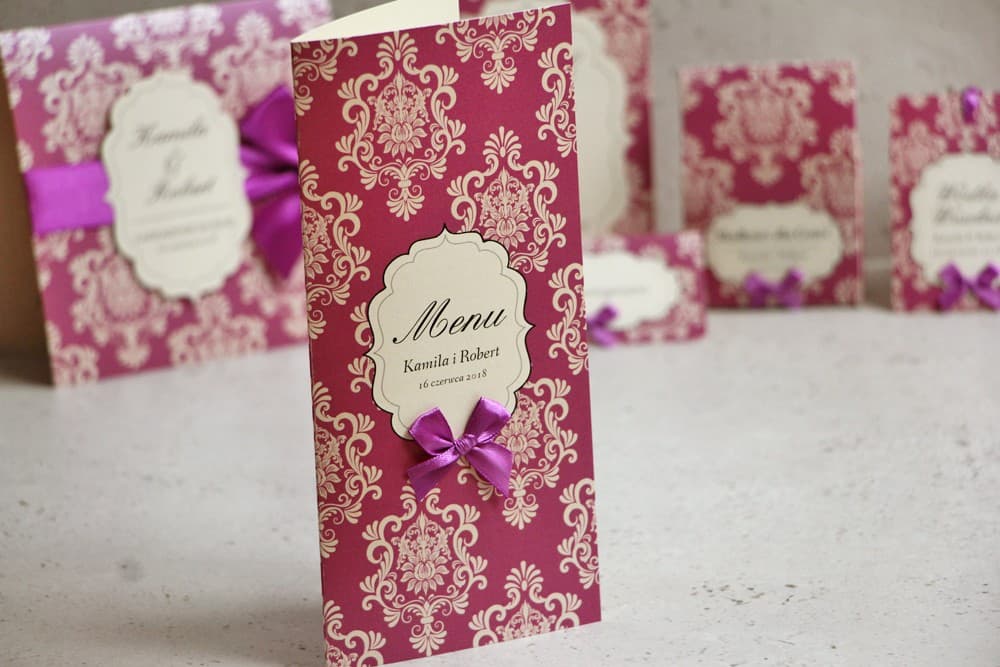 Elegant Purple Wedding Menu with Satin Bow on Pearlescent Paper | Wedding Table Menu Card | Ornament No. 7