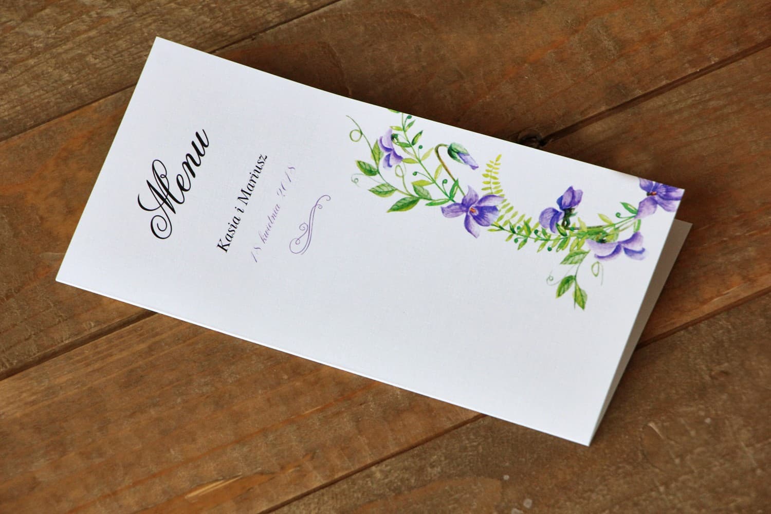 Purple Floral Wedding Menu | Elegant Pansy Table Menu Card | Painted Flowers No. 11