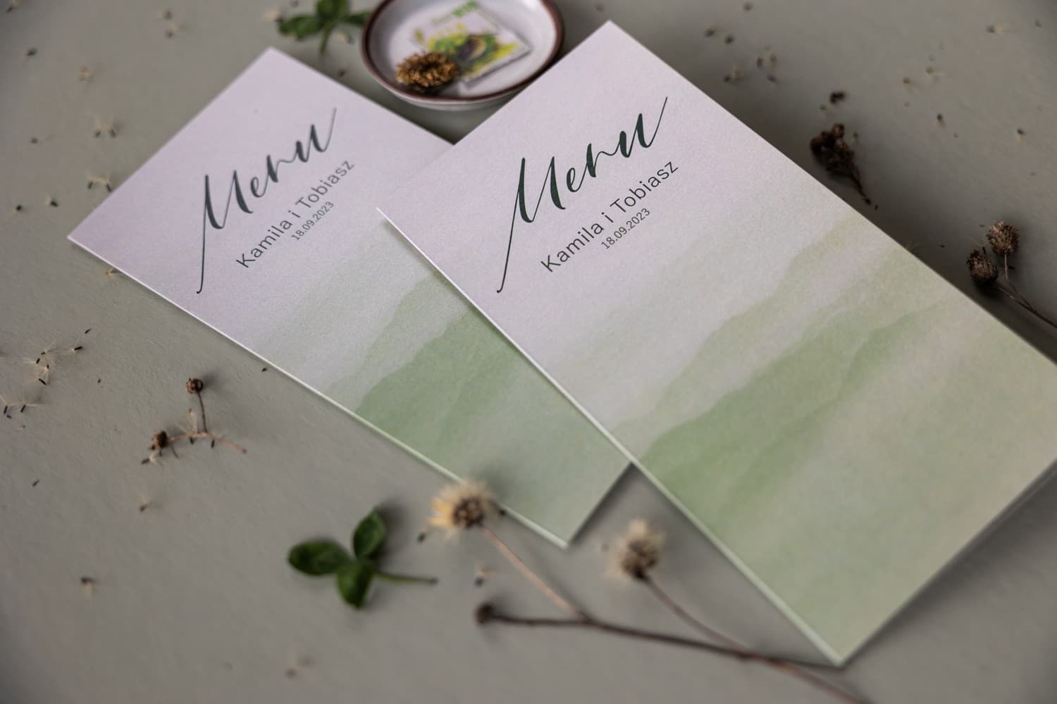 Wedding Menu on Pearl Ecru Paper with Green Motif | Elegant Table Menu Card | Opal Design 11 - 3