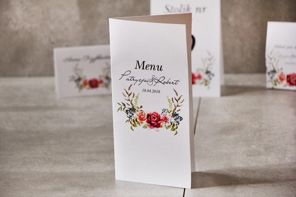 Floral Wedding Menu with Burgundy and Powder Pink Roses, Personalized Table Cards | Elegant Wedding Menu Cards | Pistachio No. 11