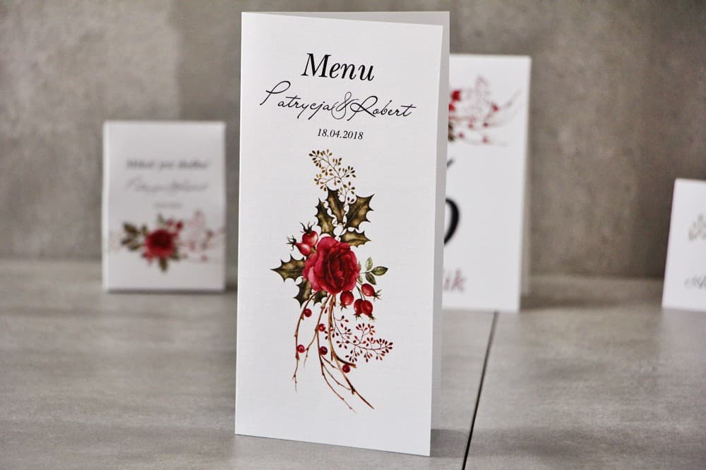 Elegant Wedding Menu with Red Roses and Cinnamon | Winter and Festive Wedding Menu | Festive Rose No. 14