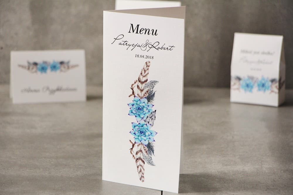 Boho Wedding Menu with Succulents and Feathers, Blue-Purple | Wedding Table Menu Card | Pistachio No. 21
