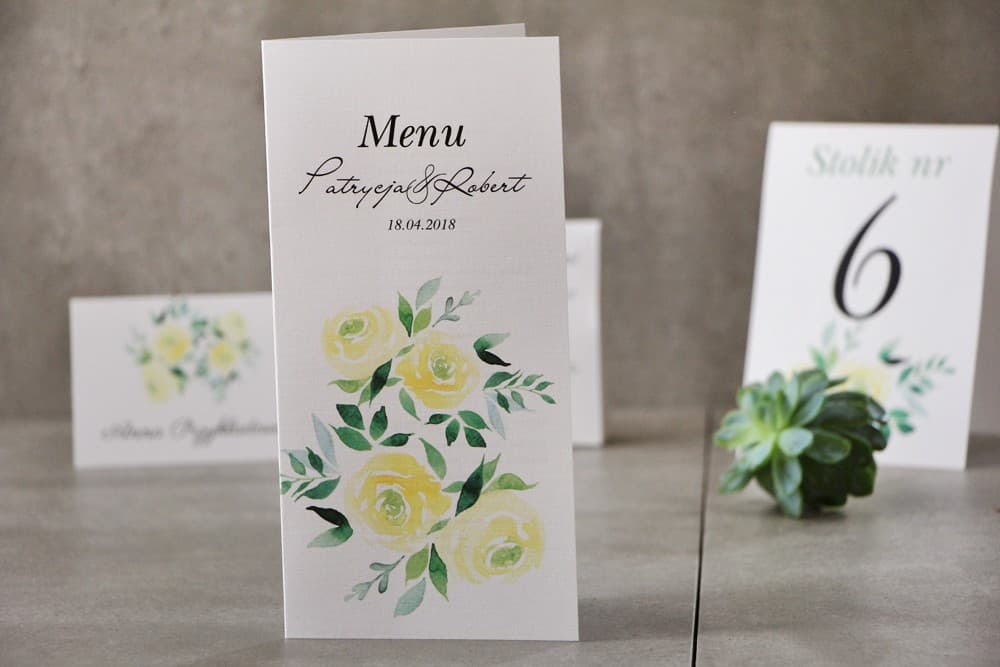 Elegant Watercolor Yellow Roses Wedding Menu | Personalized Wedding Table Menu Card | Pistachio No. 9
