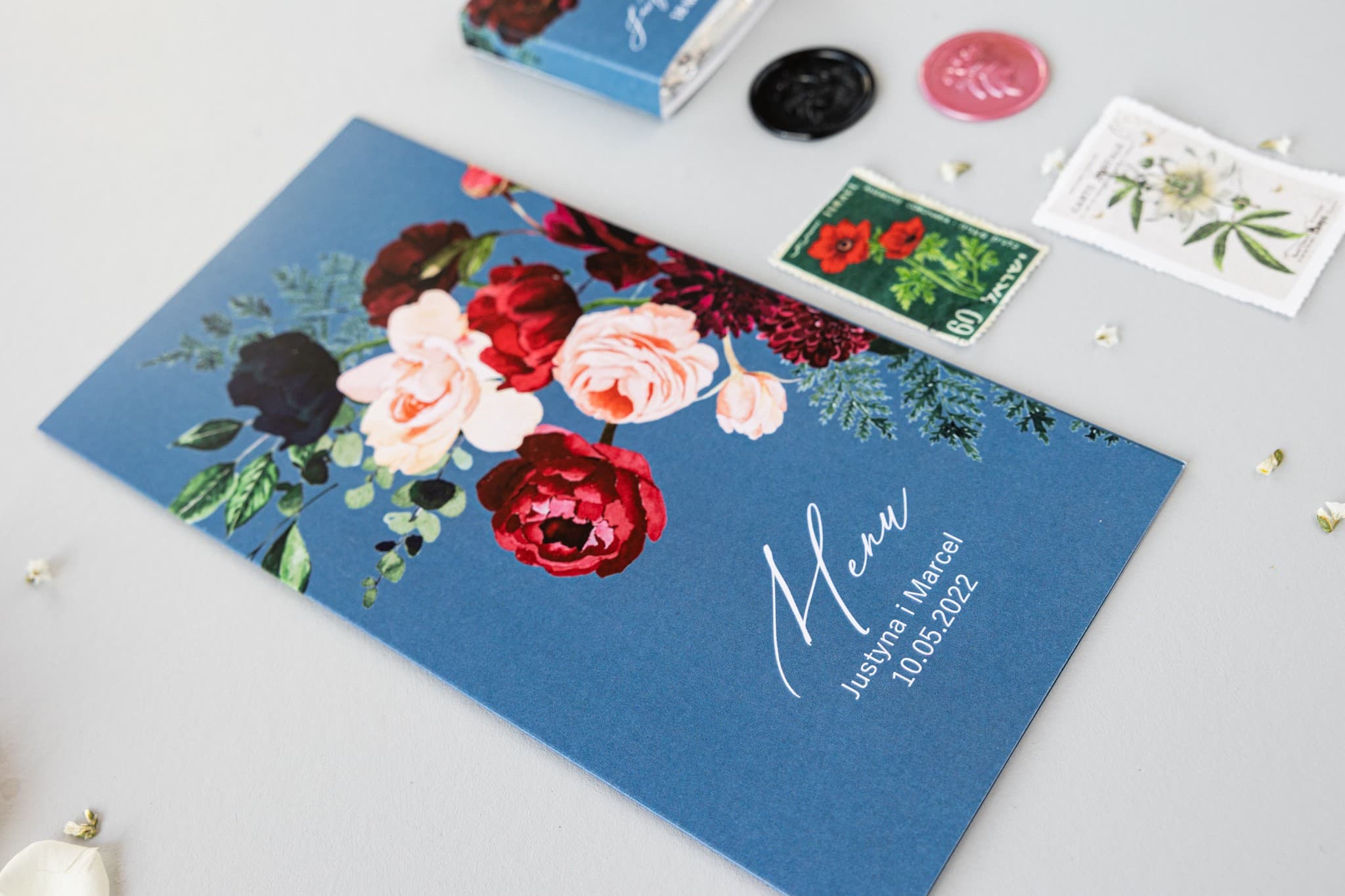 Dusty Blue Wedding Menu with Peonies | Folded Table Menu Card | Soft No. 6