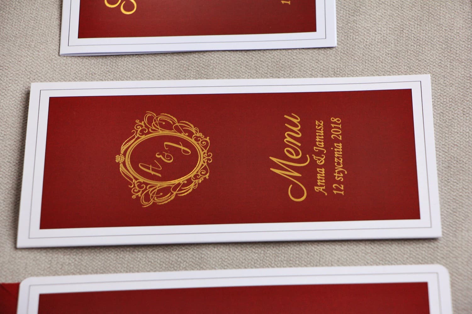 Elegant Burgundy Wedding Menu with Gold Gilded Ornaments | Glamour Table Menu Cards | Sonata No. 3