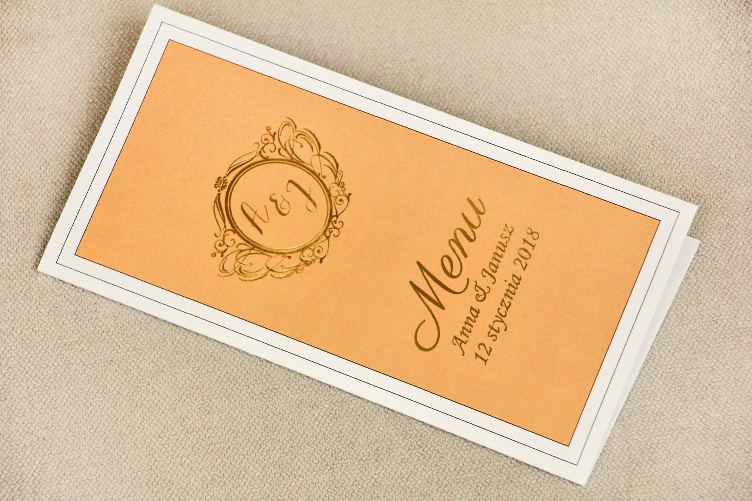 Gold Foiled Orange Wedding Menu, Elegant Table Menu Card | Glamour Wedding Accessories | Sonata No. 8