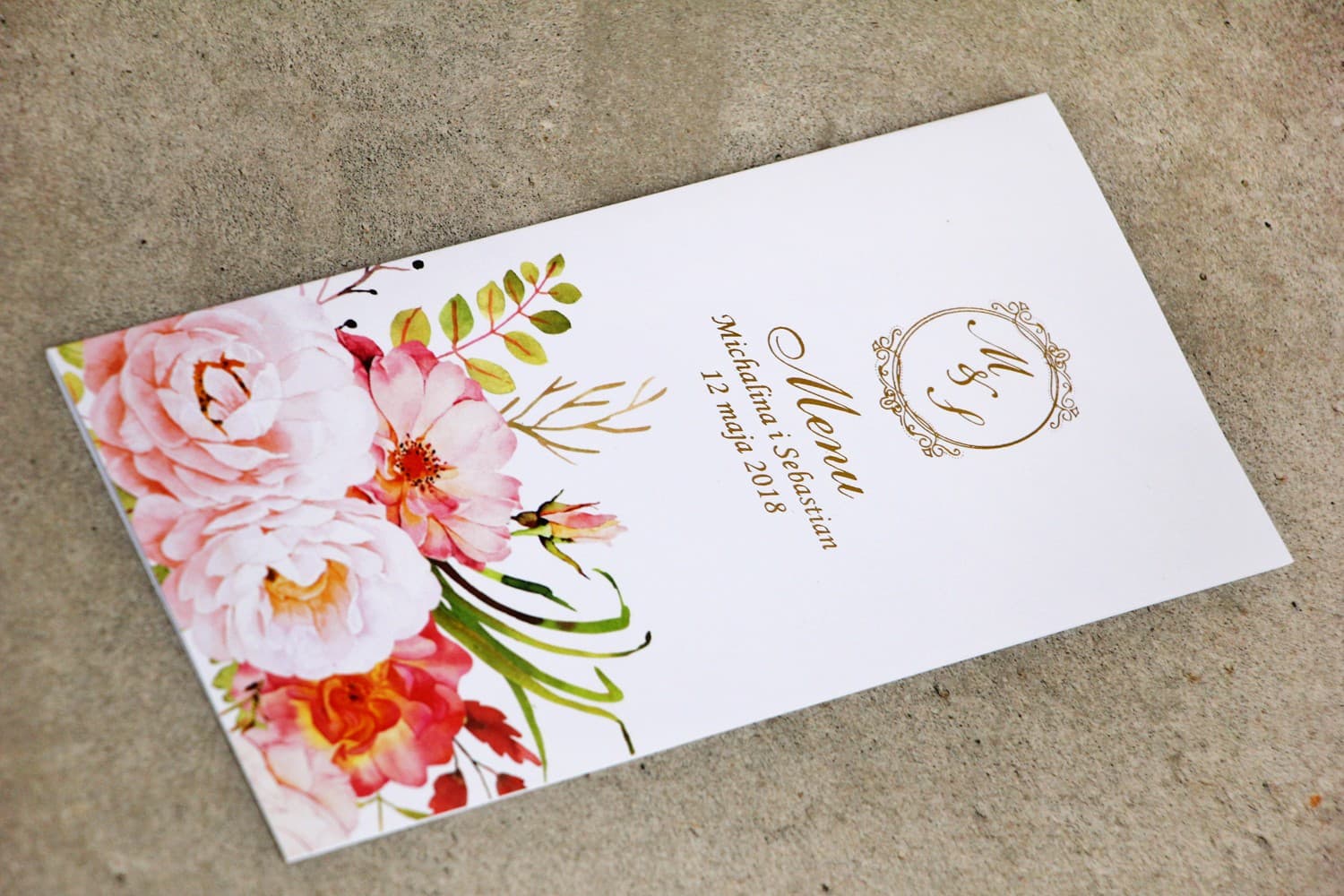 Foiled Wedding Menu Peonies and Roses | Floral Wedding Table Menu Card | Sorento No. 13