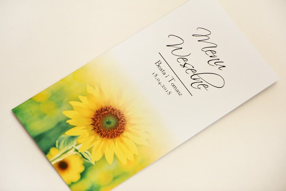 Standing Rustic Wedding Menu with Yellow Flowers | Sunflower Wedding Table Menu Card | Elegant No. 8