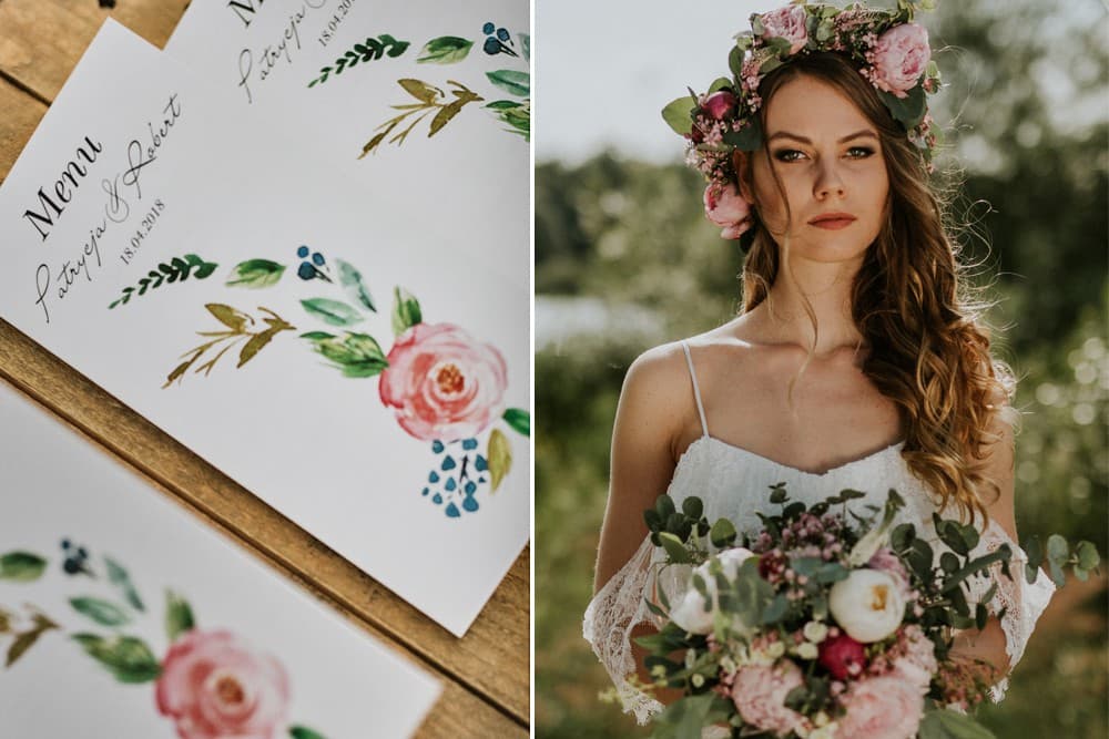 Watercolor Wedding Menu with Cornflowers and Roses, Floral Motif | Personalized Table Menu Card | Watercolors No. 13