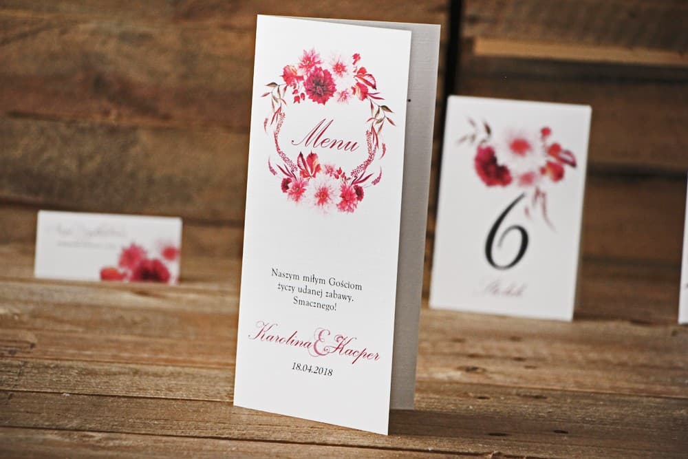 Wedding Menu with Burgundy and Pink Dahlias, Artistic Watercolor Motif | Elegant Wedding Table Menu | Watercolors No. 2