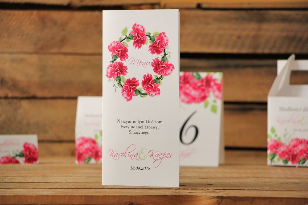 Standing Watercolour Pink Carnation Wedding Menu | Wedding Table Menu Card | Watercolours No. 18