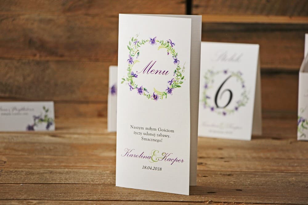 Violets Wedding Menu, Watercolour Purple Flowers | Elegant Wedding Table Menu Cards | Watercolours No. 7