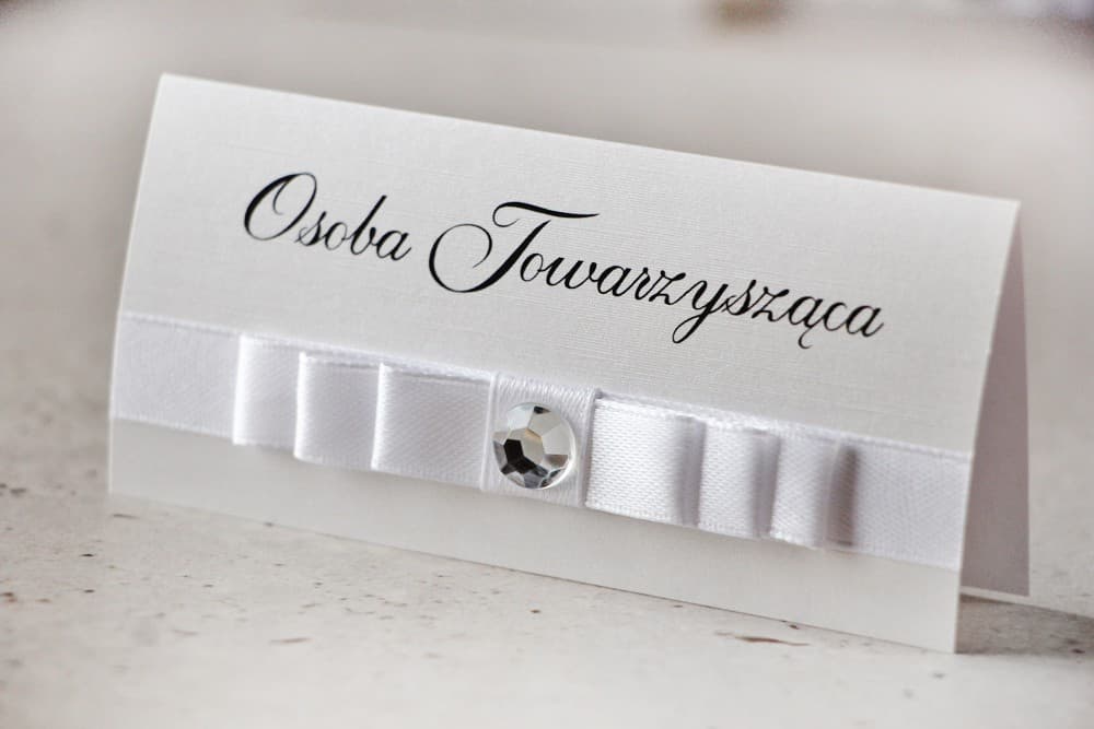 Amaretto No. 9 Wedding Place Cards – Table Name Cards with Satin Bow and Cubic Zirconia
