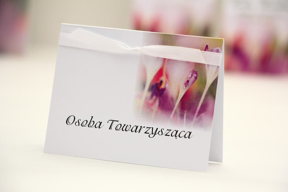 Elegant No. 24 Wedding Place Cards – Table Name Cards with Purple Crocuses and Ribbon