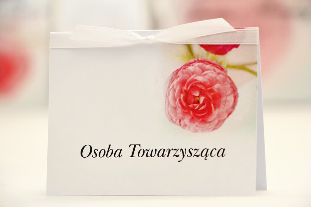 Elegant No. 27 Wedding Place Cards – Pink Ranunculus Design with Ribbon