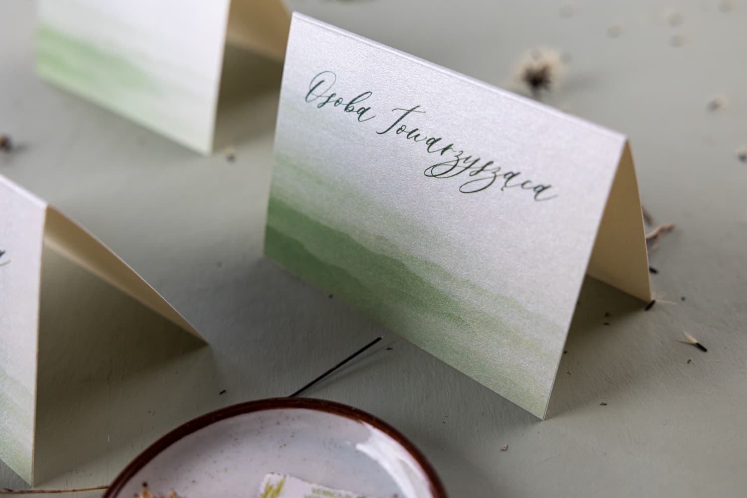 Opal No. 11 Wedding Place Cards – Pearl Table Name Cards with Green Motif - 3