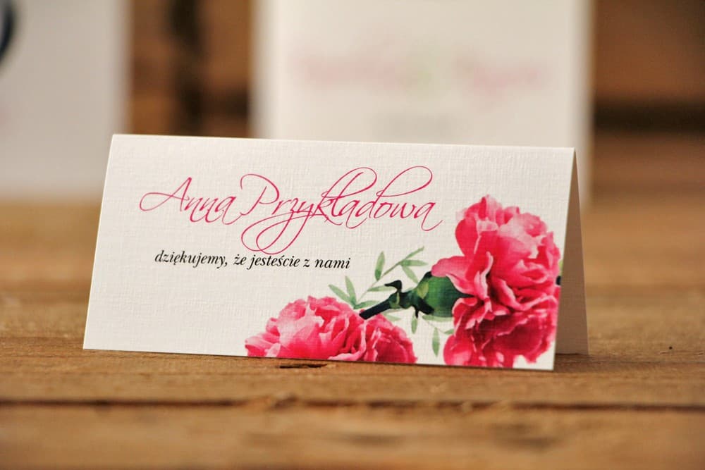 Watercolour No. 18 Wedding Place Cards – Linen Textured Table Cards with Pink Carnations