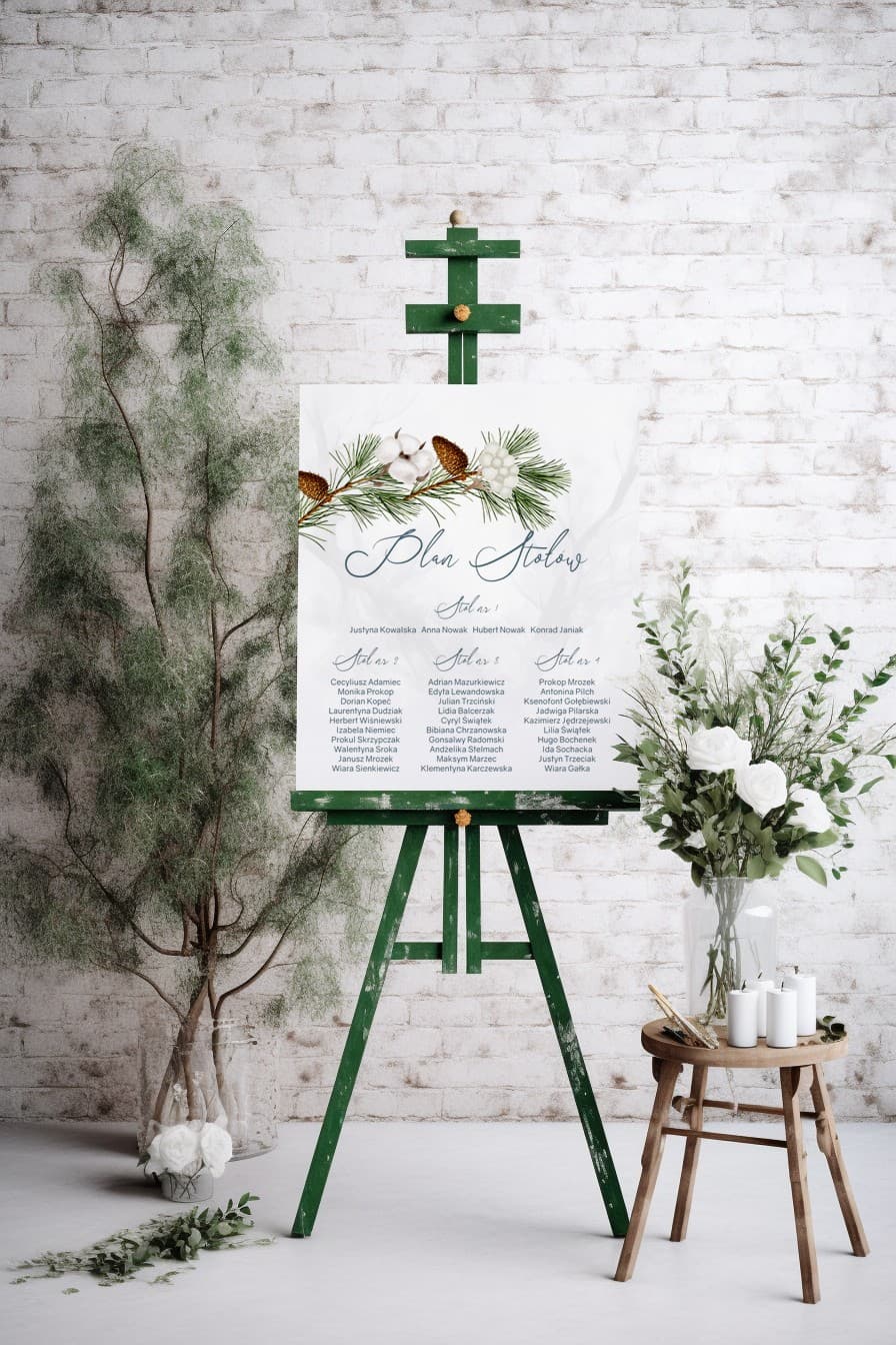 Winter Wedding Seating Chart with Cotton and Pine, Elegant Guest Board | Korani No. 8