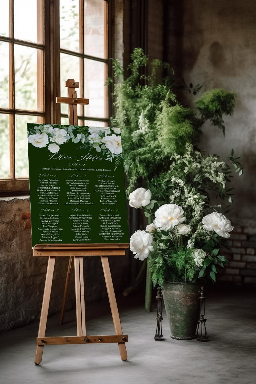 Bottle Green Seating Chart with White Peonies | Elegant Wedding Guest Board | Sapphire No. 6