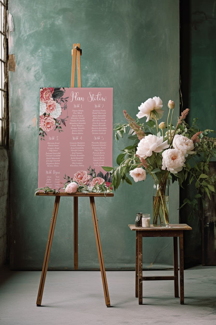 Floral Wedding Seating Plan Powder Pink, Peonies and Roses | Poster, Guest Seating Chart | Ethereal No. 3