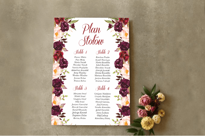 Burgundy Rose Seating Plan | Wedding Guest Chart Poster | Lotaro No. 3