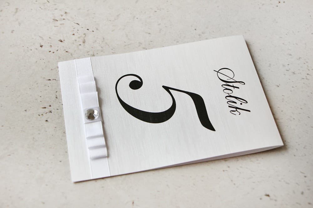 Elegant Wedding Table Numbers with Bow and Cubic Zirconia, Pearlescent Paper | Amaretto No. 9